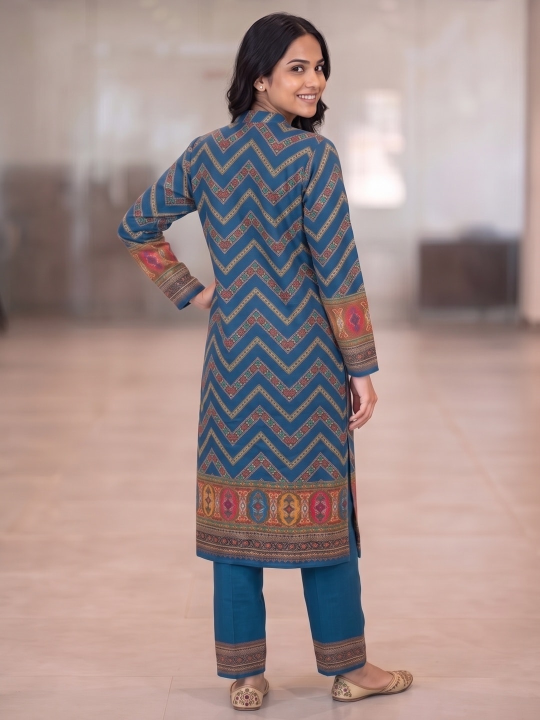 Peachmode Peacock Blue Woolen Patchwork Print Salwar Suit with Dupatta - Image 4