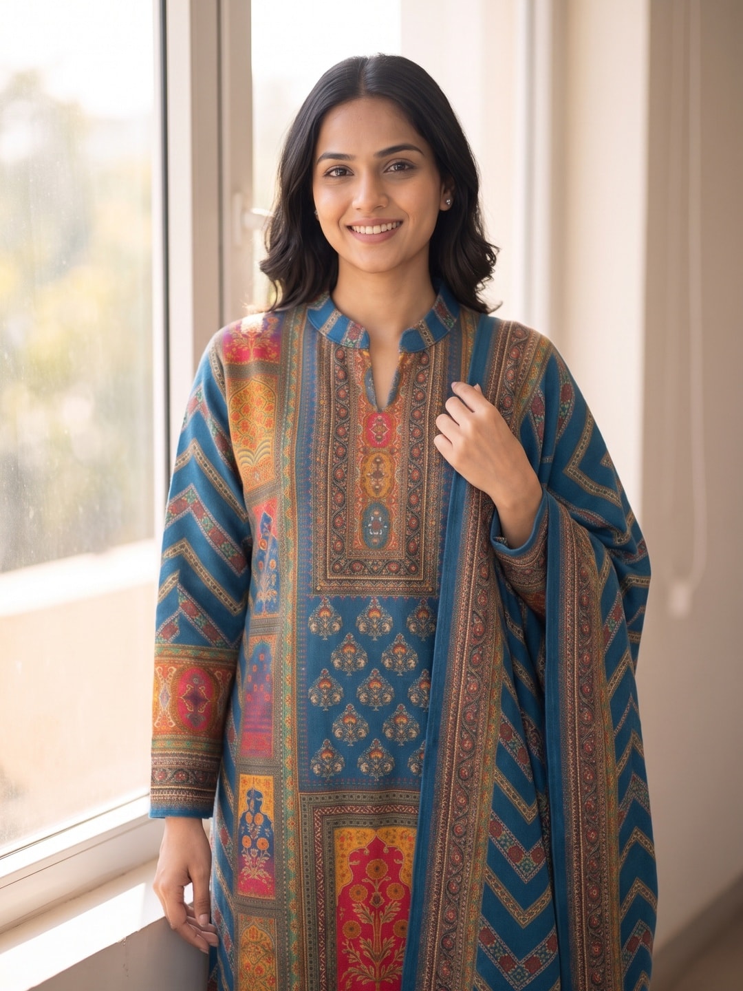 Peachmode Peacock Blue Woolen Patchwork Print Salwar Suit with Dupatta - Image 5