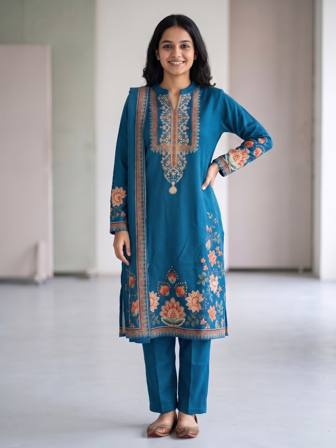 Peachmode Peacock Blue Woolen Floral Print Salwar Suit with Dupatta - Image 1