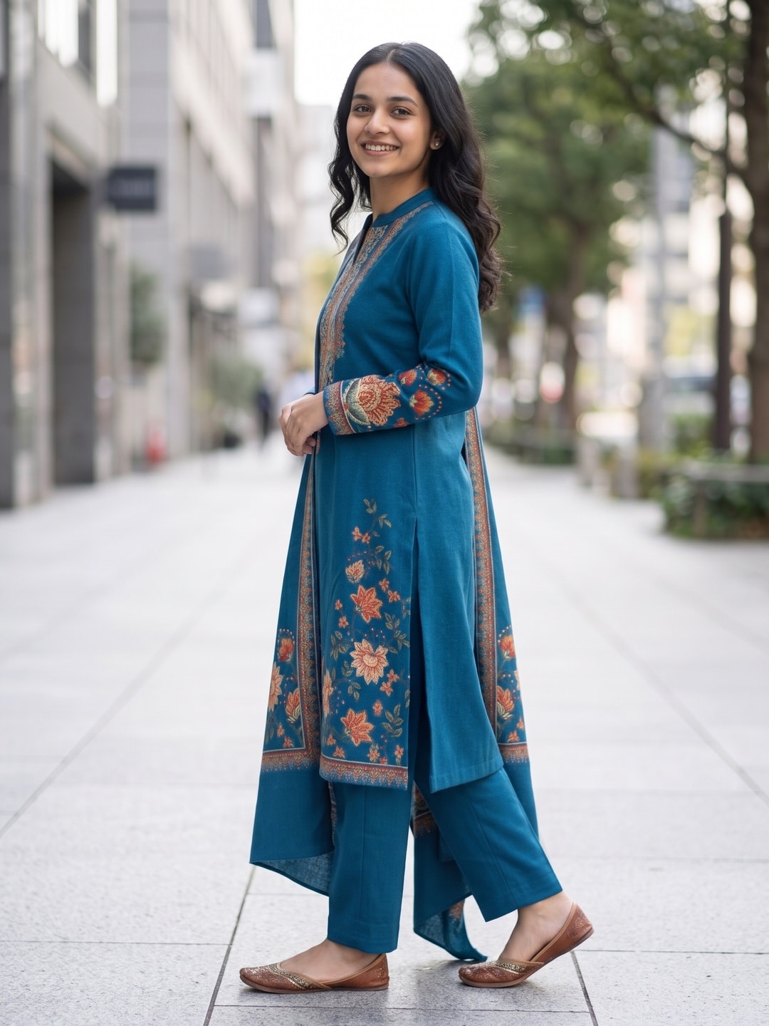 Peachmode Peacock Blue Woolen Floral Print Salwar Suit with Dupatta - Image 3