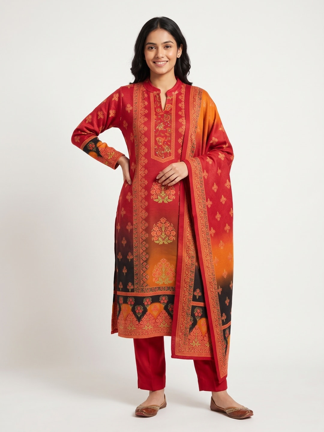 Peachmode Red Woolen Ombre Print Salwar Suit with Dupatta - Image 1