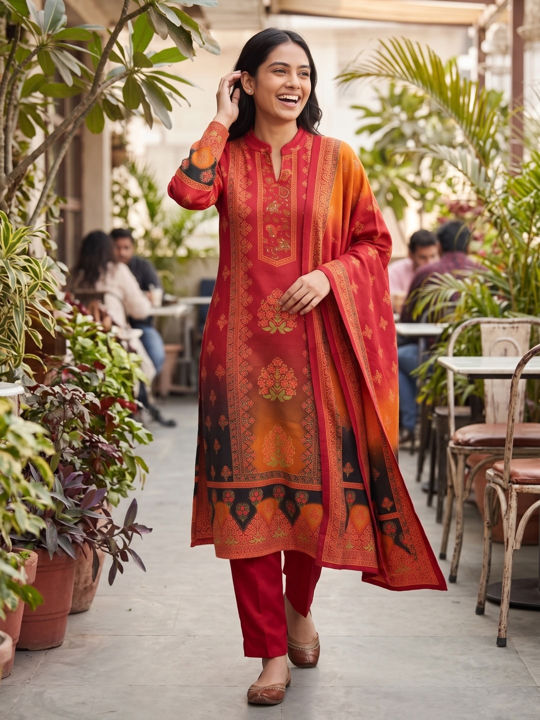 Peachmode Red Woolen Ombre Print Salwar Suit with Dupatta - Image 2