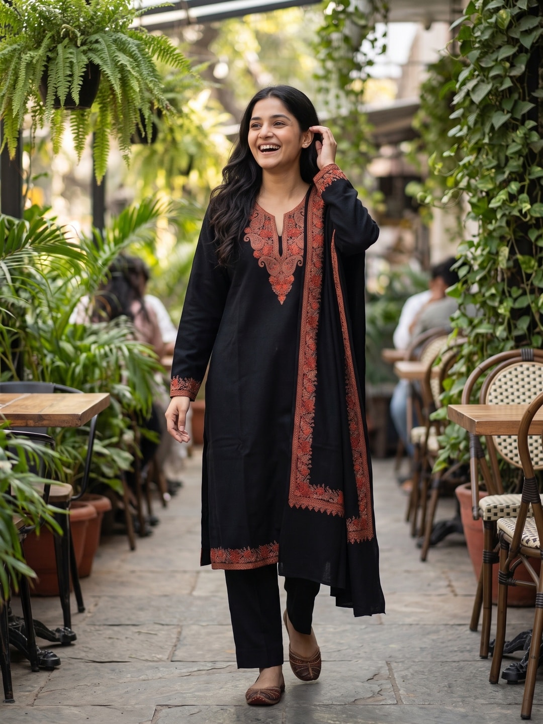 Peachmode Black Woolen Embroidered Neck Salwar Suit with Shawl Dupatta - Image 2