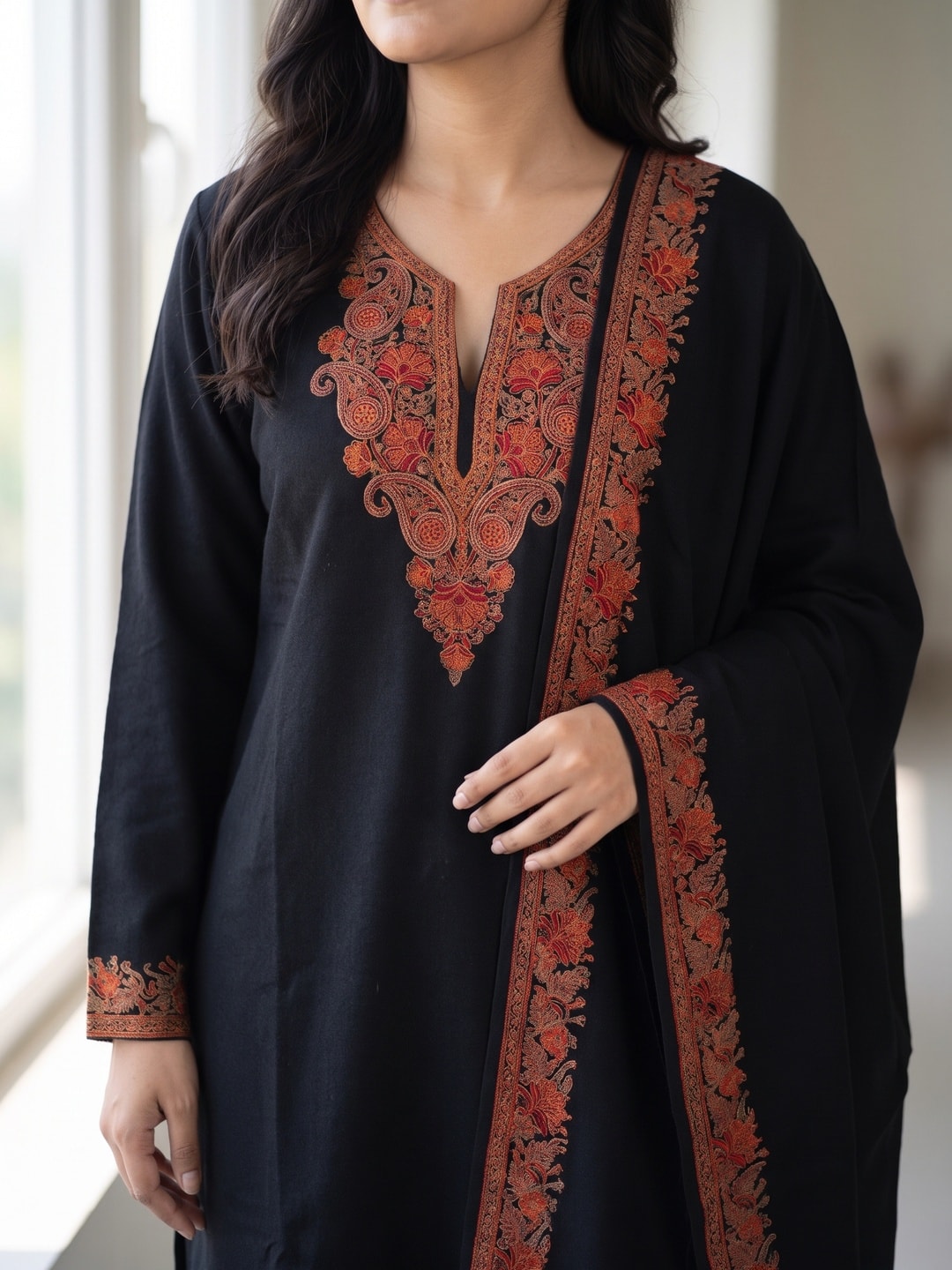 Peachmode Black Woolen Embroidered Neck Salwar Suit with Shawl Dupatta - Image 5