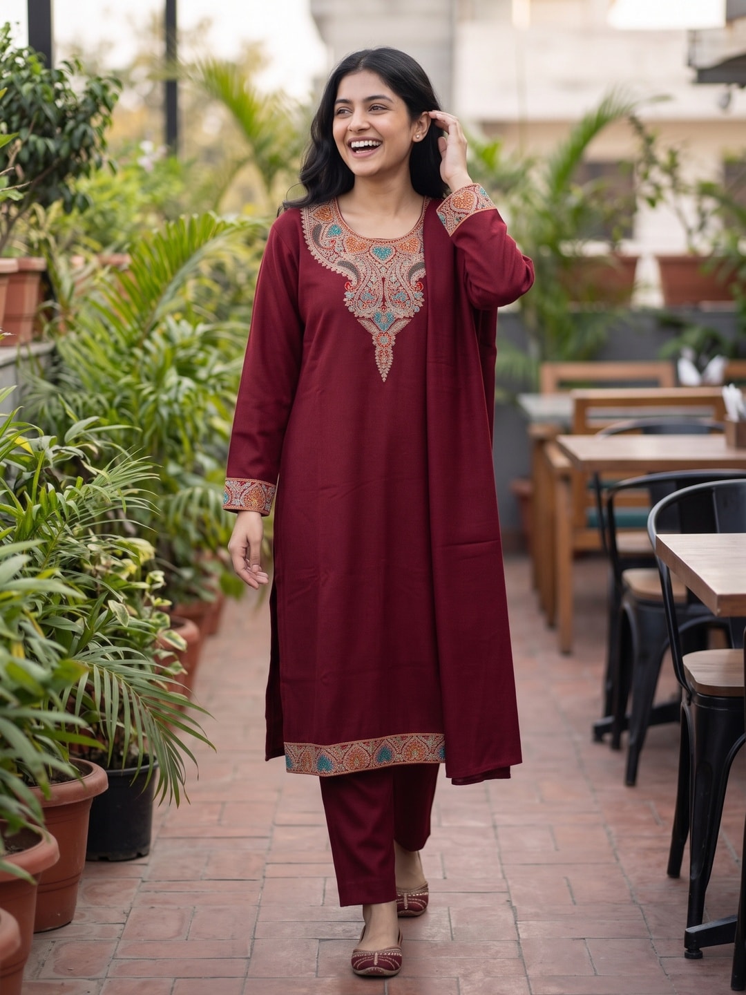 Peachmode Maroon Woolen Paisley Embroidered Salwar Suit with Dupatta - Image 2