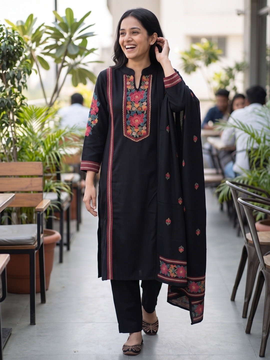 Peachmode Black Woolen Floral Yoke Embroidered Salwar Suit with Dupatta - Image 2