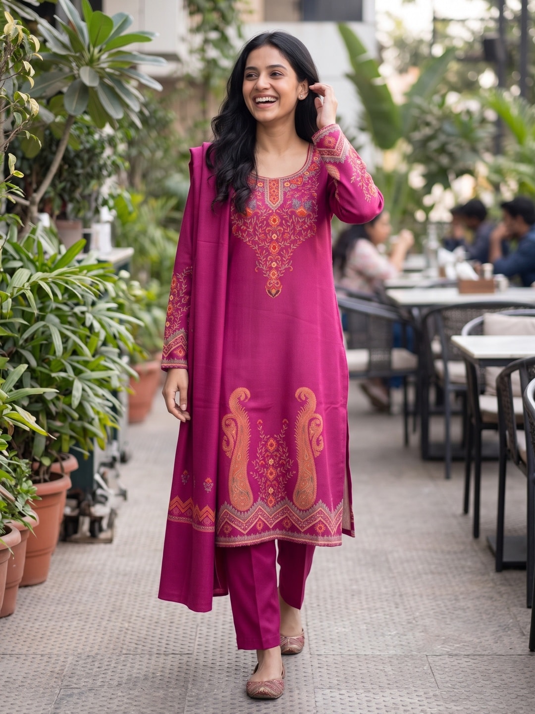 Peachmode Magenta Woolen Paisley Embroidered Salwar Suit with Dupatta - Image 2