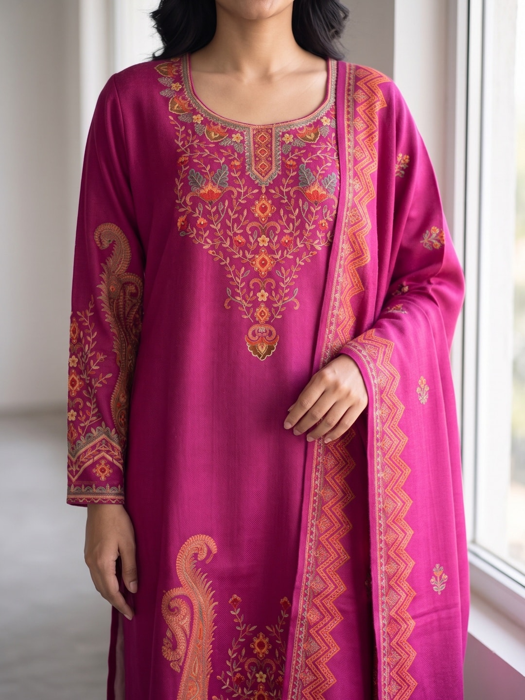 Peachmode Magenta Woolen Paisley Embroidered Salwar Suit with Dupatta - Image 5