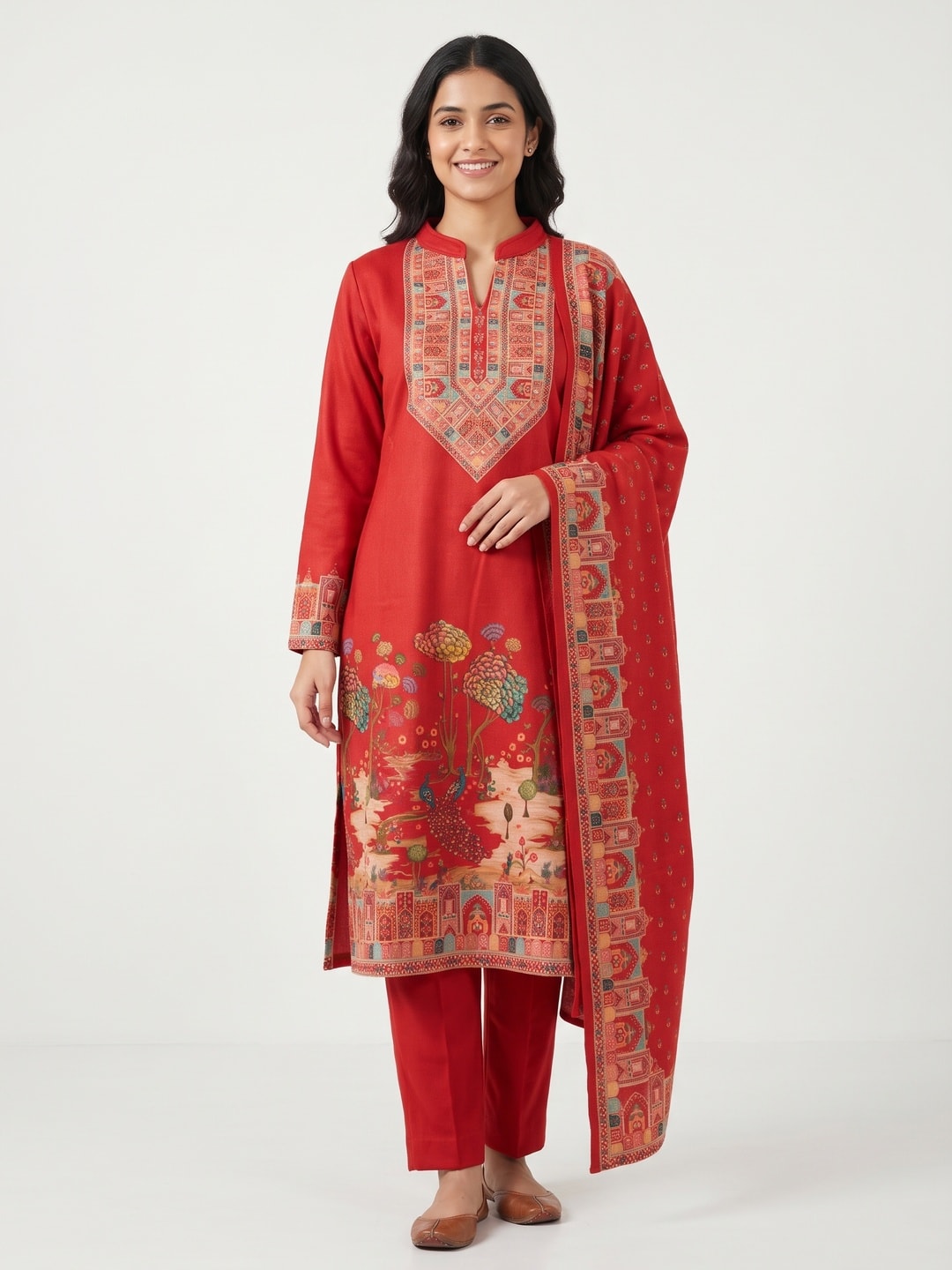 Peachmode Red Woolen Printed Yoke and Pictorial Border Salwar Suit with Dupatta - Image 1