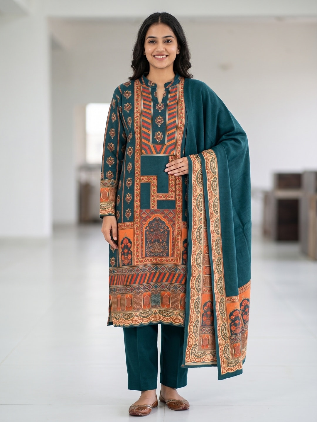 Peachmode Teal Woolen Geometric Print Salwar Suit with Dupatta - Image 1