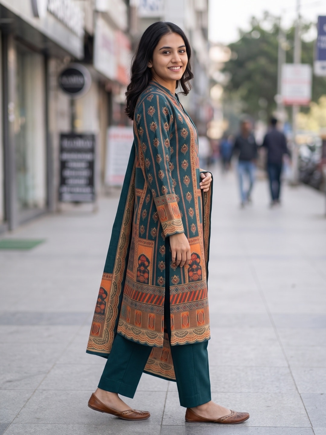 Peachmode Teal Woolen Geometric Print Salwar Suit with Dupatta - Image 3