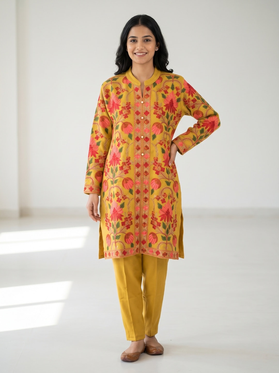 Peachmode Mustard Woolen Floral Embroidered Salwar Suit - Image 1