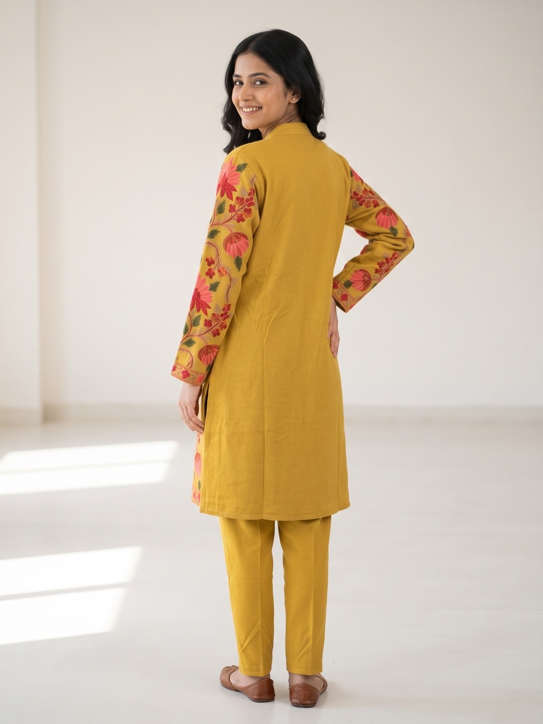 Peachmode Mustard Woolen Floral Embroidered Salwar Suit - Image 4