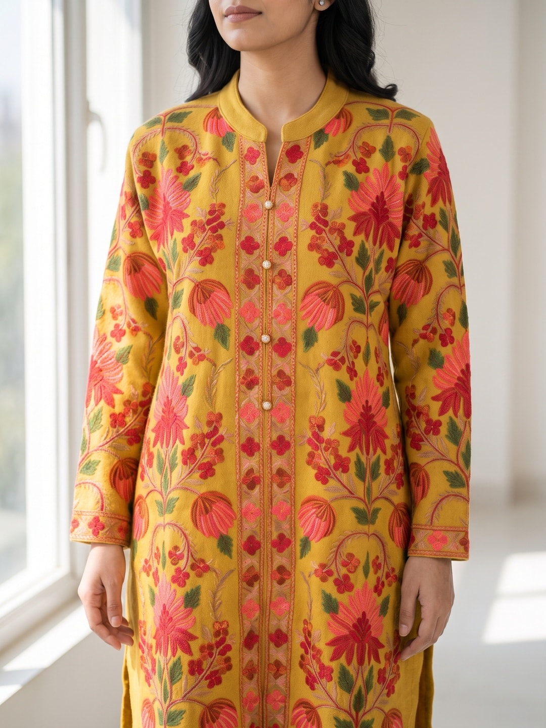Peachmode Mustard Woolen Floral Embroidered Salwar Suit - Image 5
