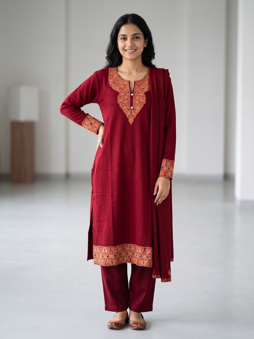 Peachmode Maroon Woolen Embroidered Neck Salwar Suit with Dupatta - Image 1