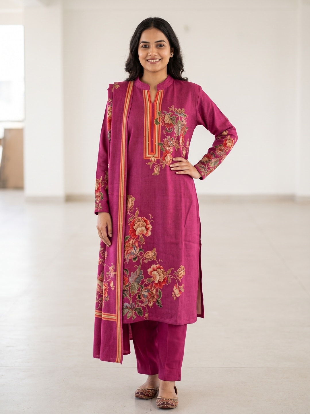 Peachmode Magenta Woolen Floral Bouquet Print Salwar Suit with Dupatta - Image 1