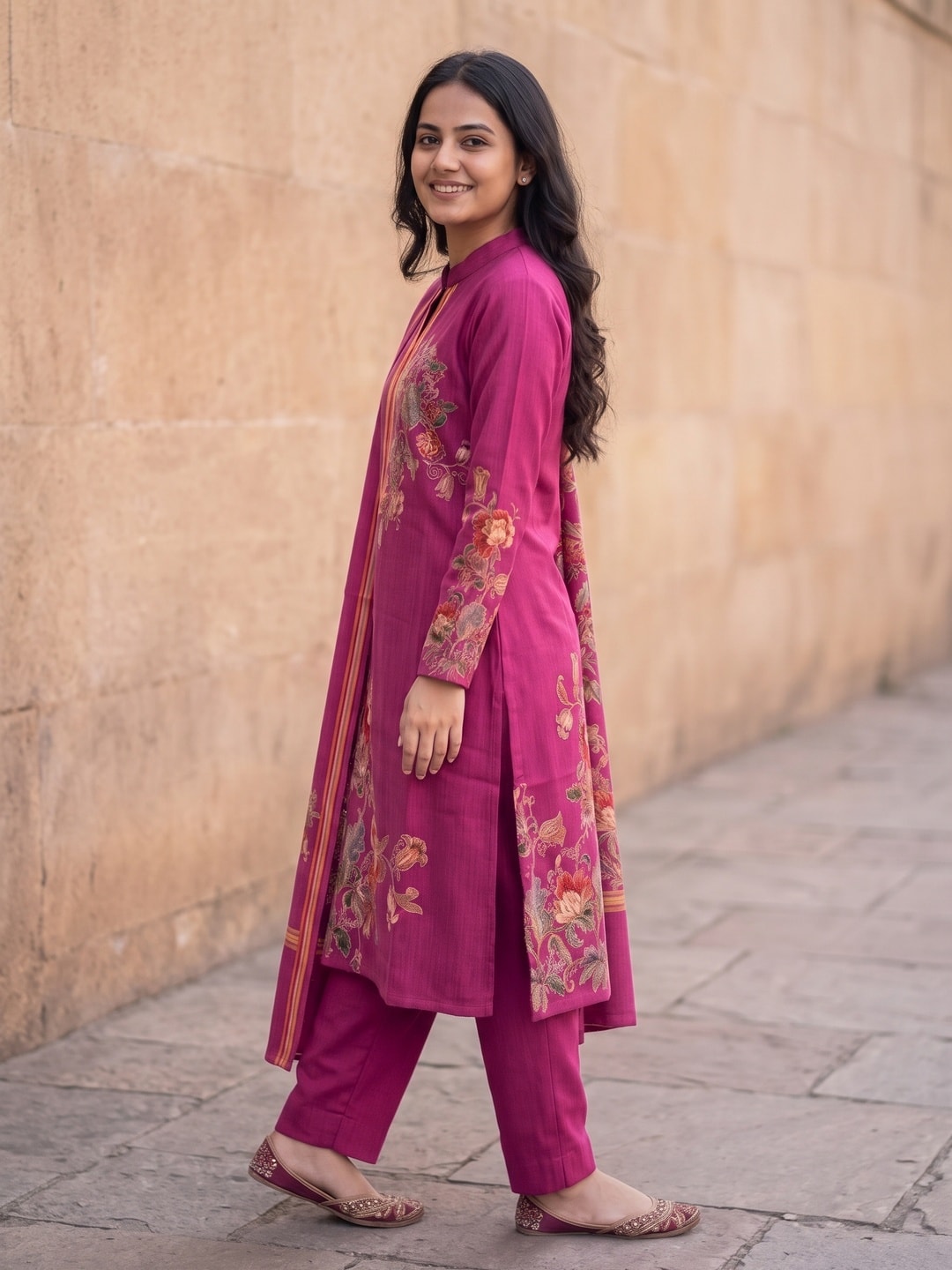 Peachmode Magenta Woolen Floral Bouquet Print Salwar Suit with Dupatta - Image 3