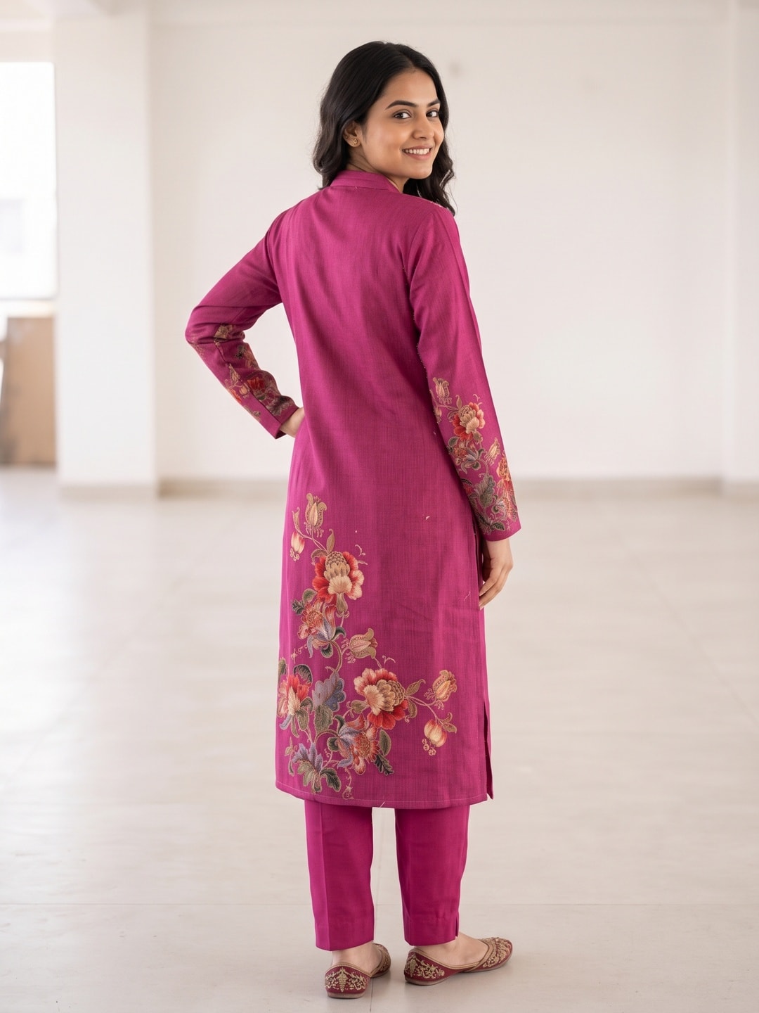 Peachmode Magenta Woolen Floral Bouquet Print Salwar Suit with Dupatta - Image 4