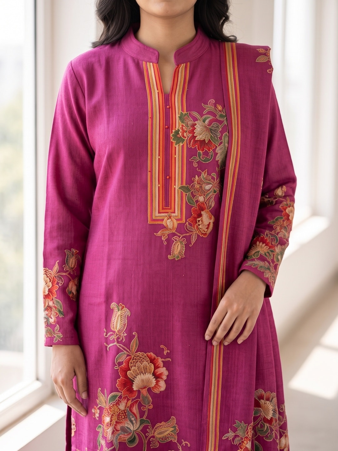 Peachmode Magenta Woolen Floral Bouquet Print Salwar Suit with Dupatta - Image 5