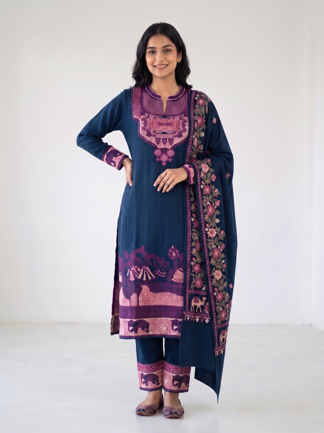 Peachmode Navy Woolen Embroidered Caravan Border Salwar Suit with Dupatta - Image 1