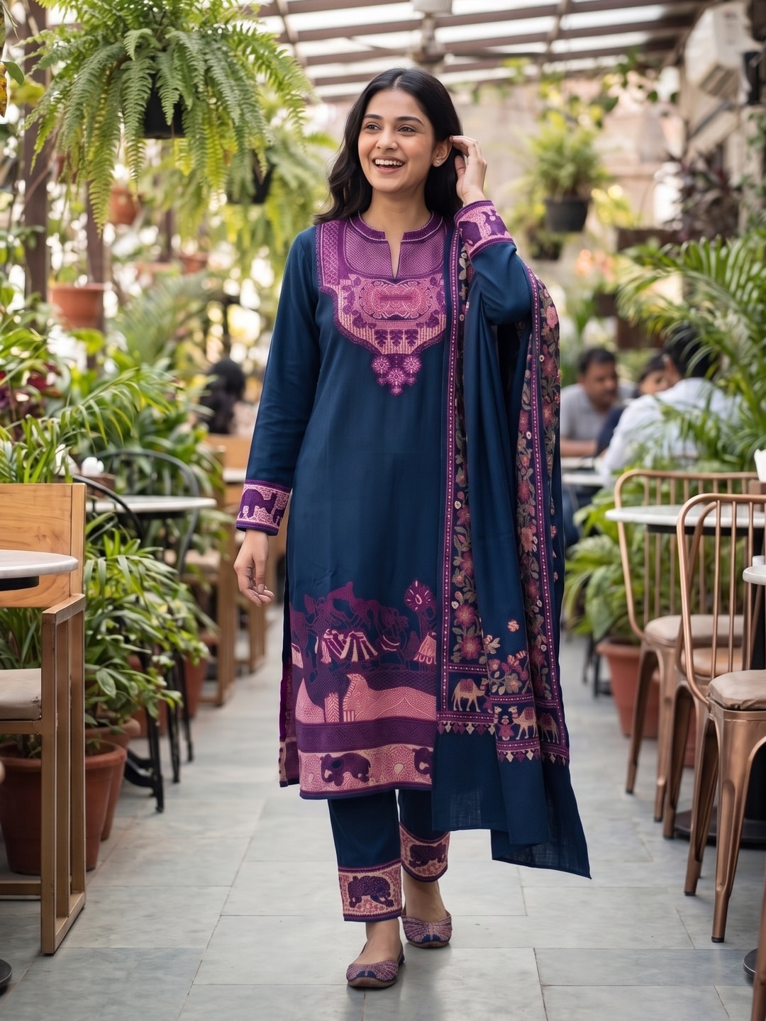 Peachmode Navy Woolen Embroidered Caravan Border Salwar Suit with Dupatta - Image 2