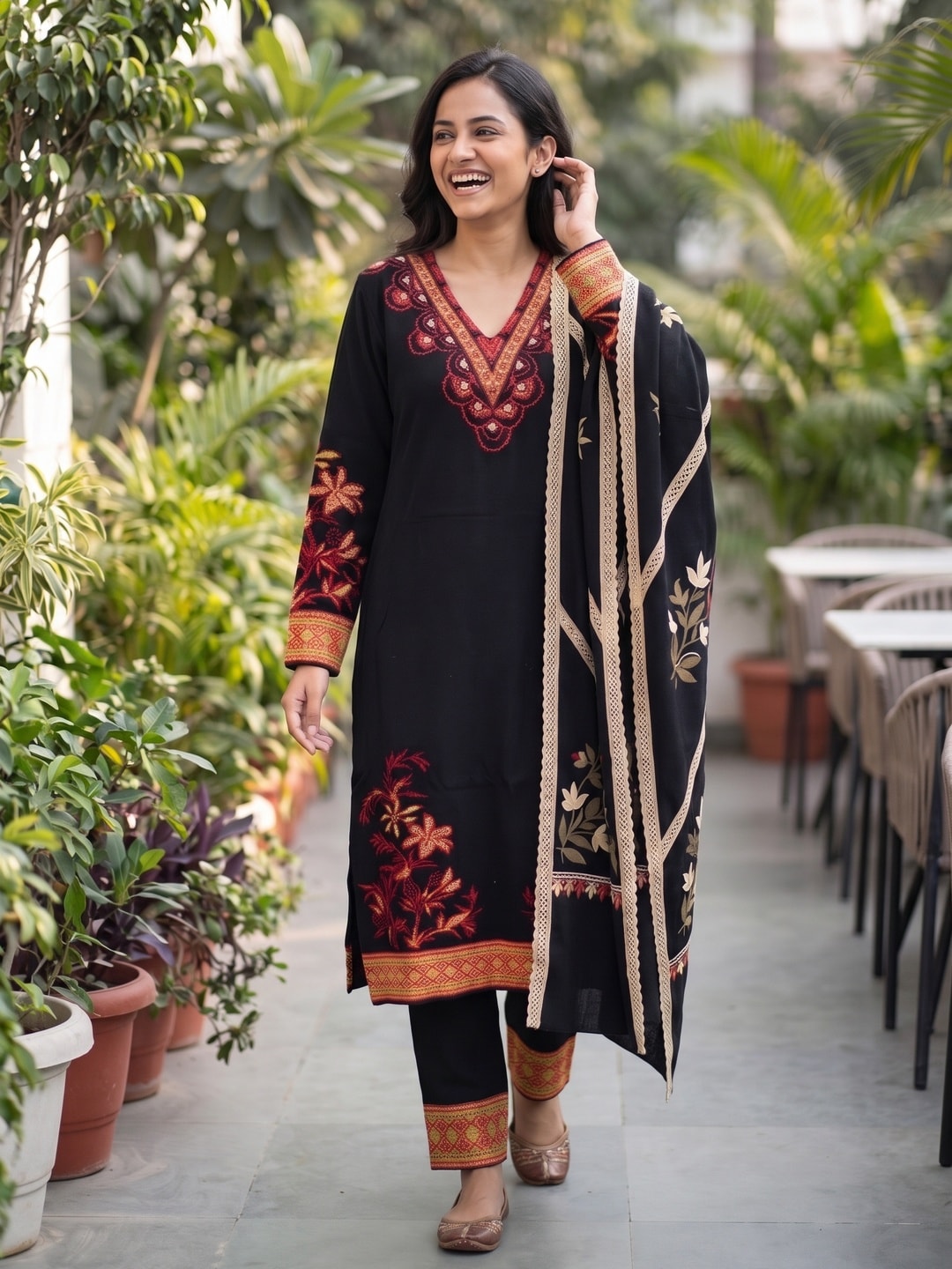 Peachmode Black Woolen Floral Embroidered V-Neck Salwar Suit with Dupatta - Image 2