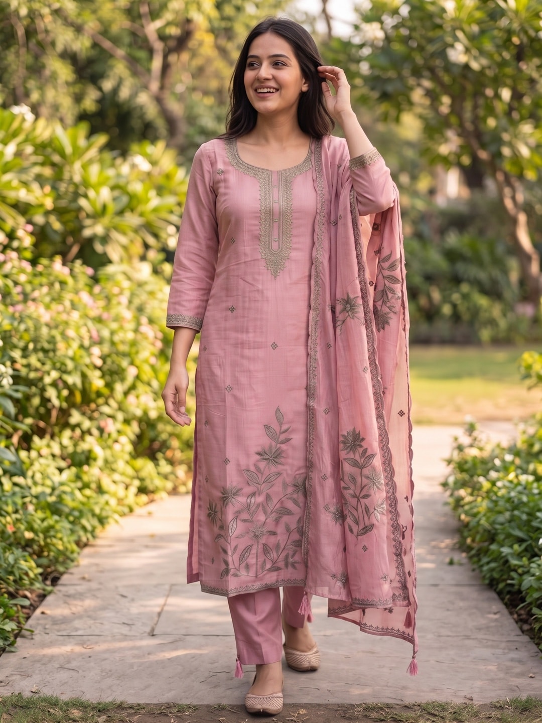 Peachmode Dusty Pink Chanderi Silk Embroidered Salwar Suit with Dupatta - Image 2