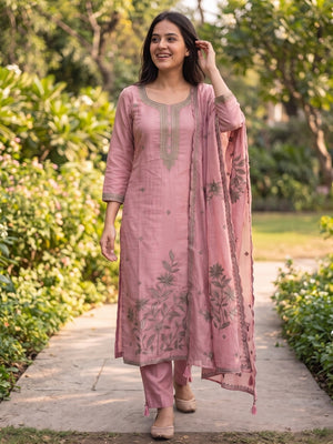Peachmode Dusty Pink Chanderi Silk Embroidered Salwar Suit with Dupatta - Image 2