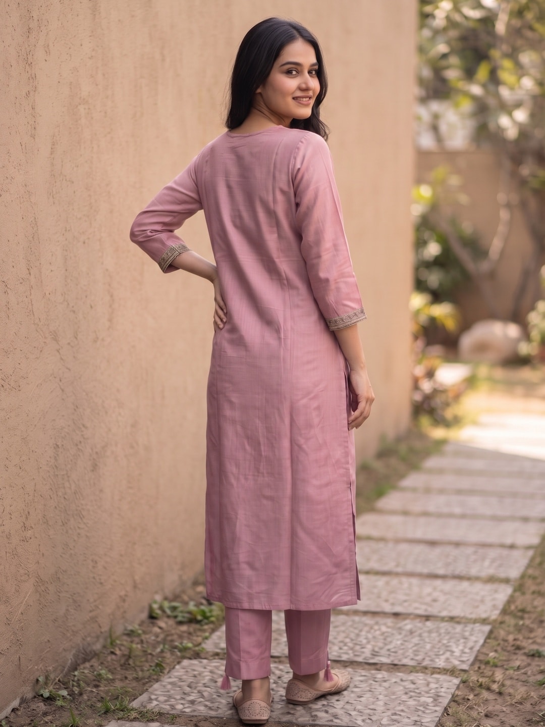 Peachmode Dusty Pink Chanderi Silk Embroidered Salwar Suit with Dupatta - Image 4