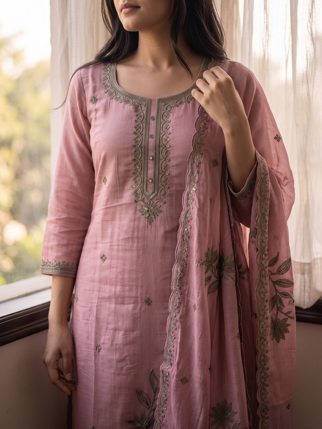 Peachmode Dusty Pink Chanderi Silk Embroidered Salwar Suit with Dupatta - Image 5