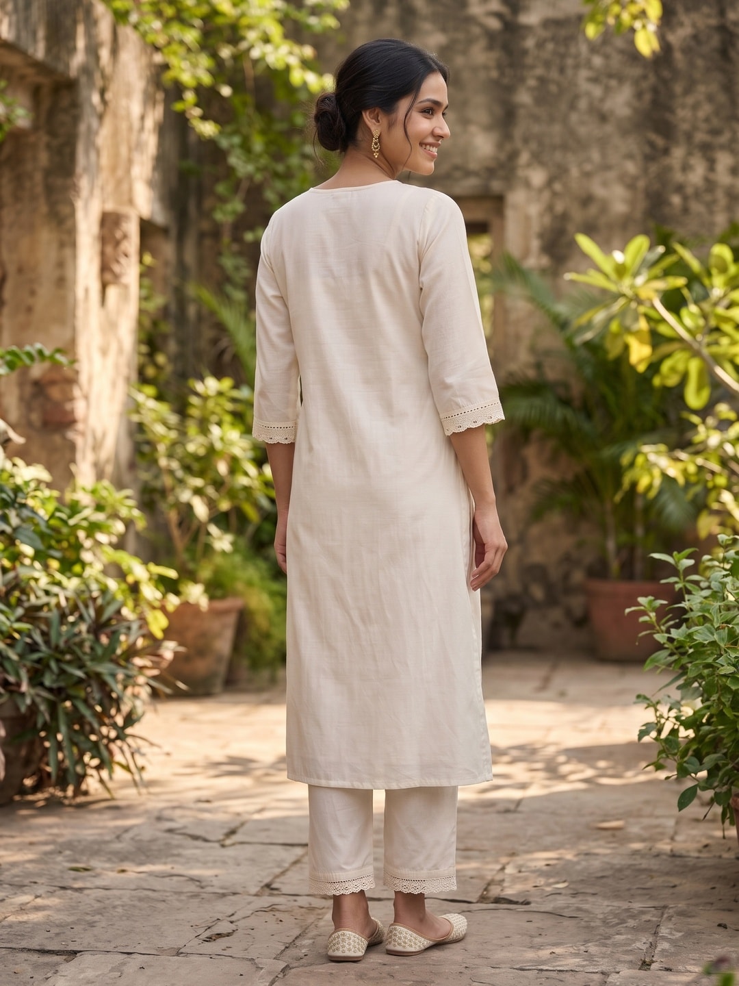 Peachmode Off White Viscose Blend Bead Embroidered Salwar Suit with Dupatta - Image 4