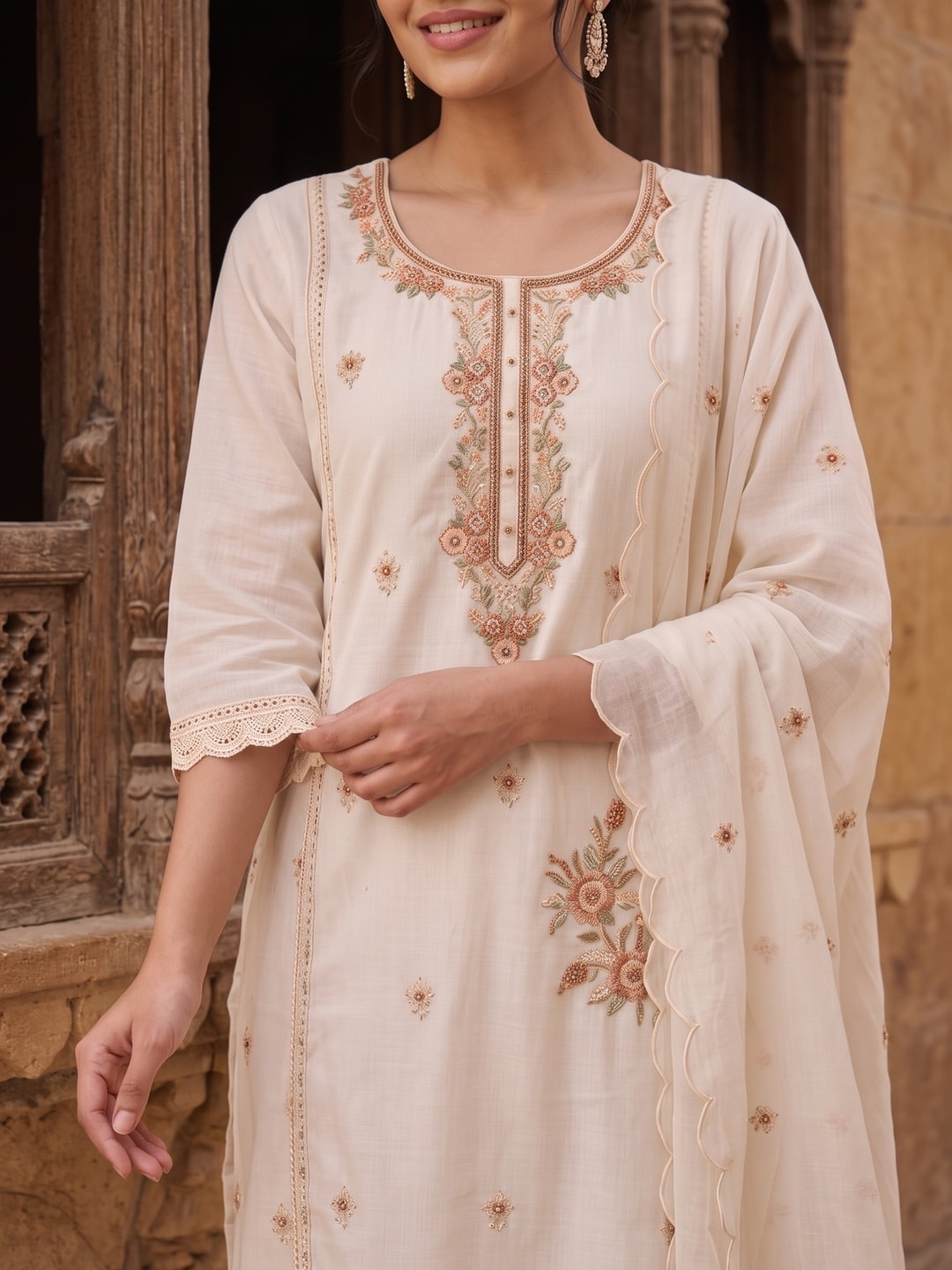 Peachmode Off White Viscose Blend Bead Embroidered Salwar Suit with Dupatta - Image 5