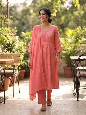 Peachmode Coral Pink Mul Chanderi Floral Embroidered Salwar Suit with Dupatta - Image 2