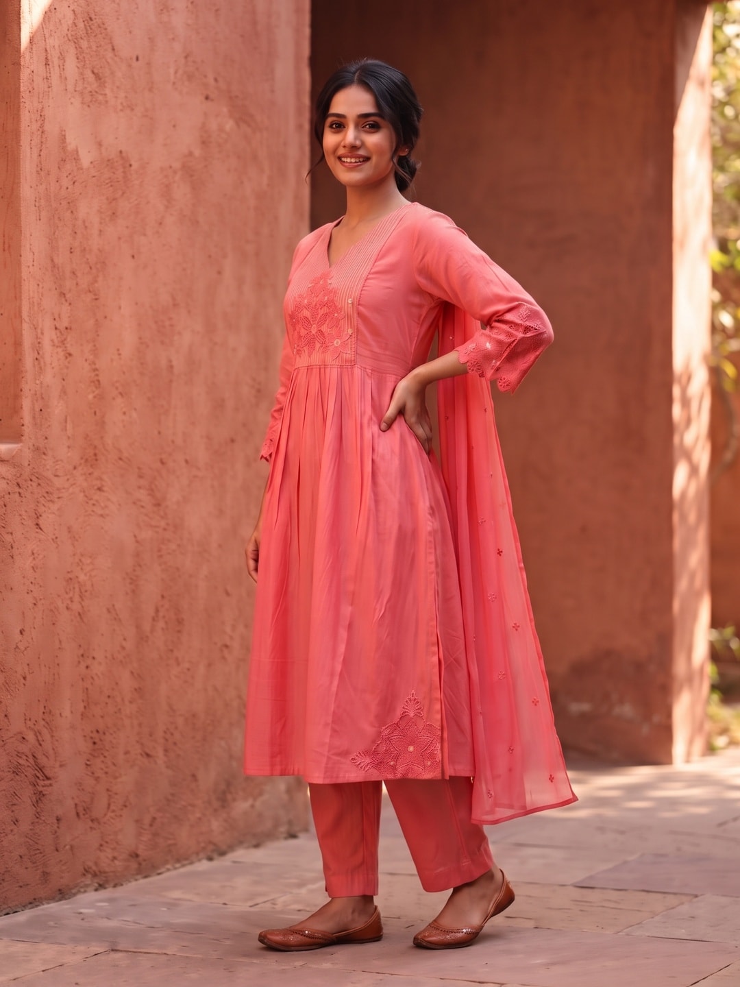 Peachmode Coral Pink Mul Chanderi Floral Embroidered Salwar Suit with Dupatta - Image 3