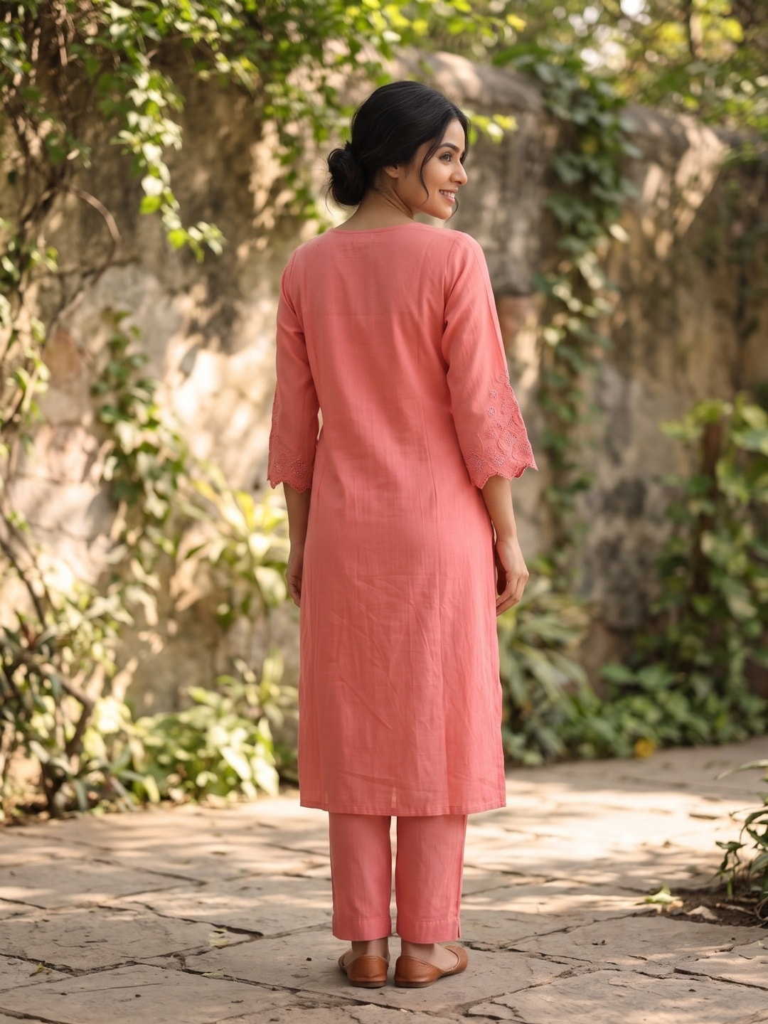 Peachmode Coral Pink Mul Chanderi Floral Embroidered Salwar Suit with Dupatta - Image 4