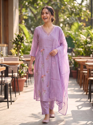 Peachmode Lilac Mul Chanderi Floral Embroidered Salwar Suit with Dupatta - Image 2