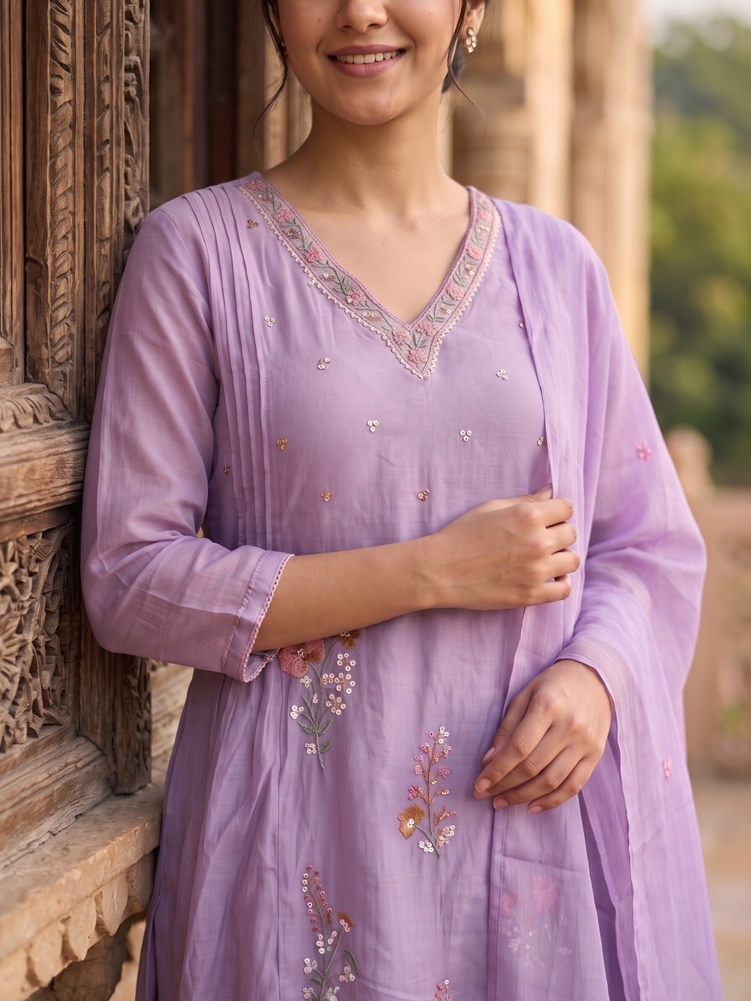 Peachmode Lilac Mul Chanderi Floral Embroidered Salwar Suit with Dupatta - Image 5