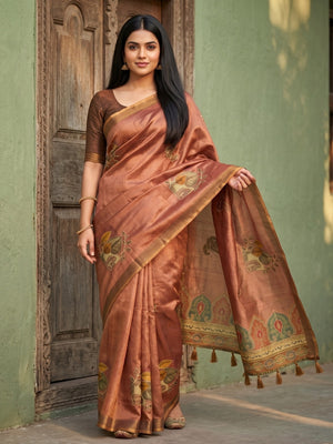 Peachmode Rust Erode Silk Digital Print Saree With Aari Work And Tassels - Image 1