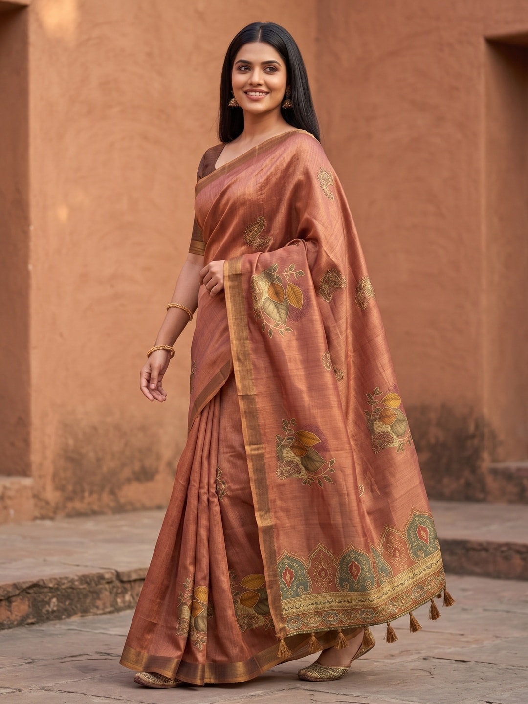 Peachmode Rust Erode Silk Digital Print Saree With Aari Work And Tassels - Image 2