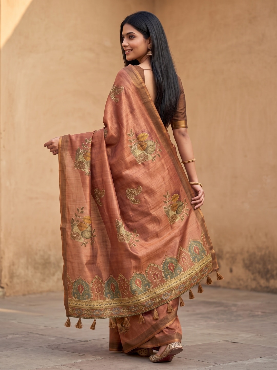 Peachmode Rust Erode Silk Digital Print Saree With Aari Work And Tassels - Image 4