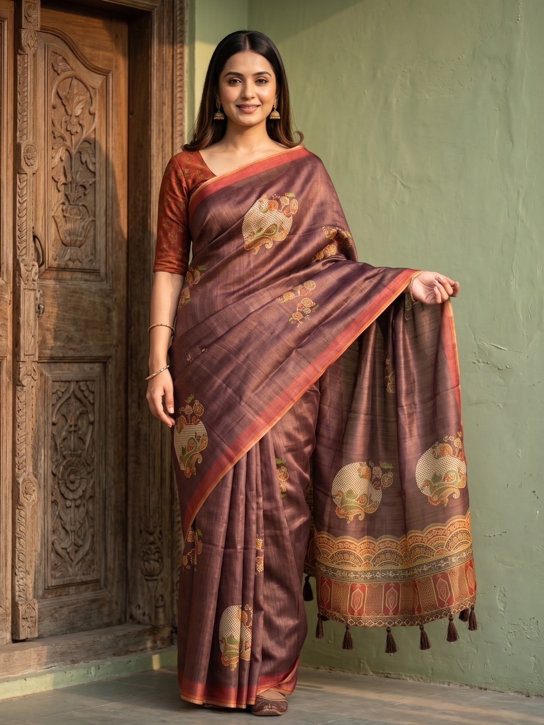 Peachmode Brown Erode Silk Digital Print Saree With Aari Work And Tassels - Image 1