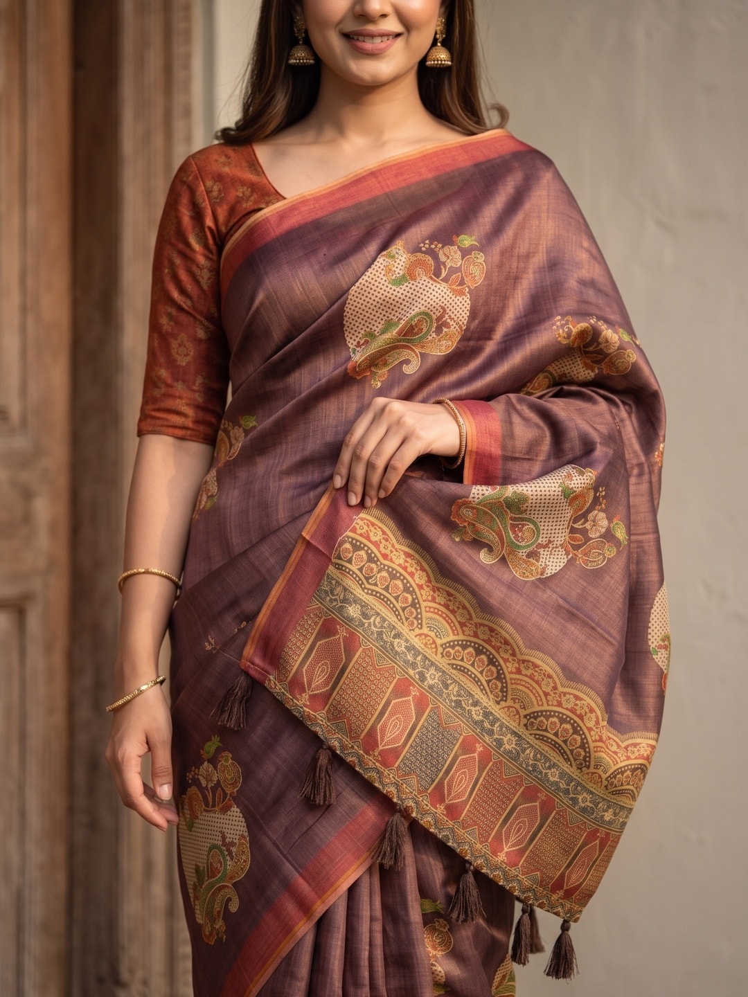 Peachmode Brown Erode Silk Digital Print Saree With Aari Work And Tassels - Image 3