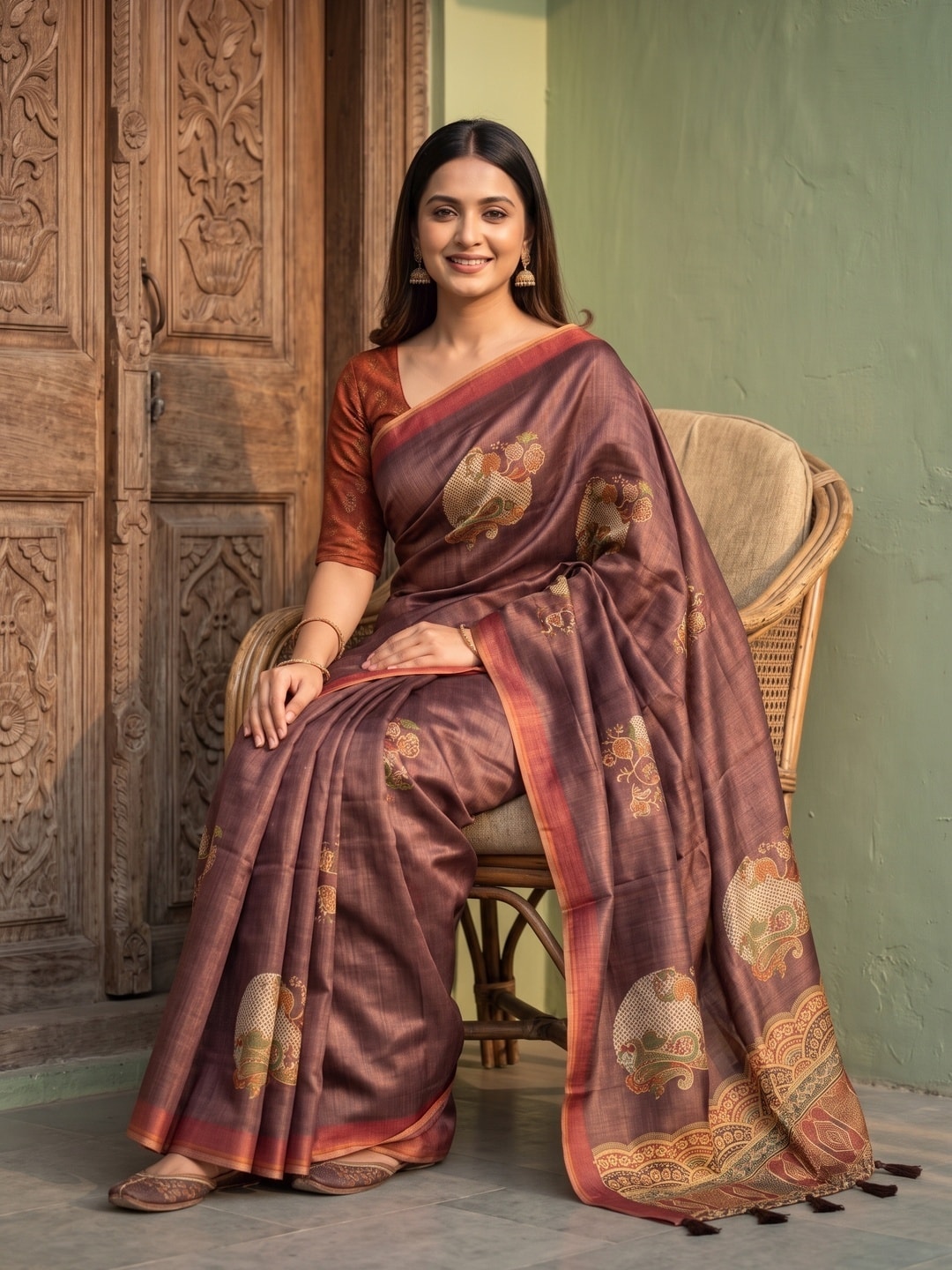 Peachmode Brown Erode Silk Digital Print Saree With Aari Work And Tassels - Image 5