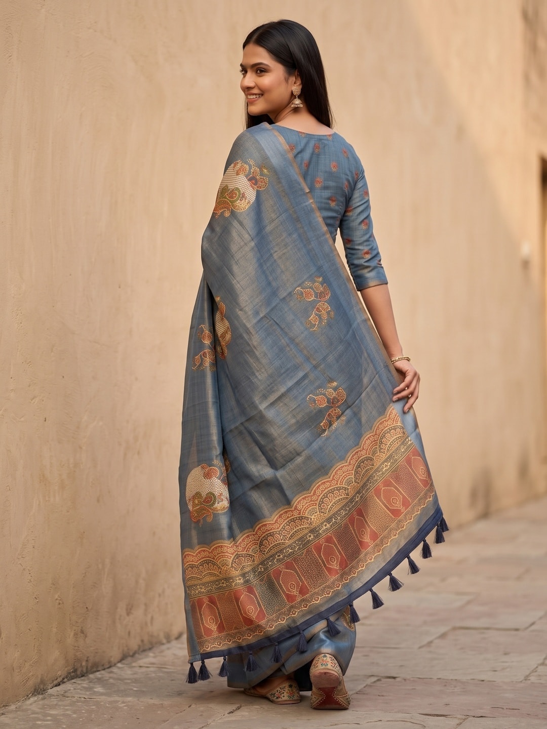 Peachmode Grey Erode Silk Digital Print Saree With Aari Work And Tassels - Image 4