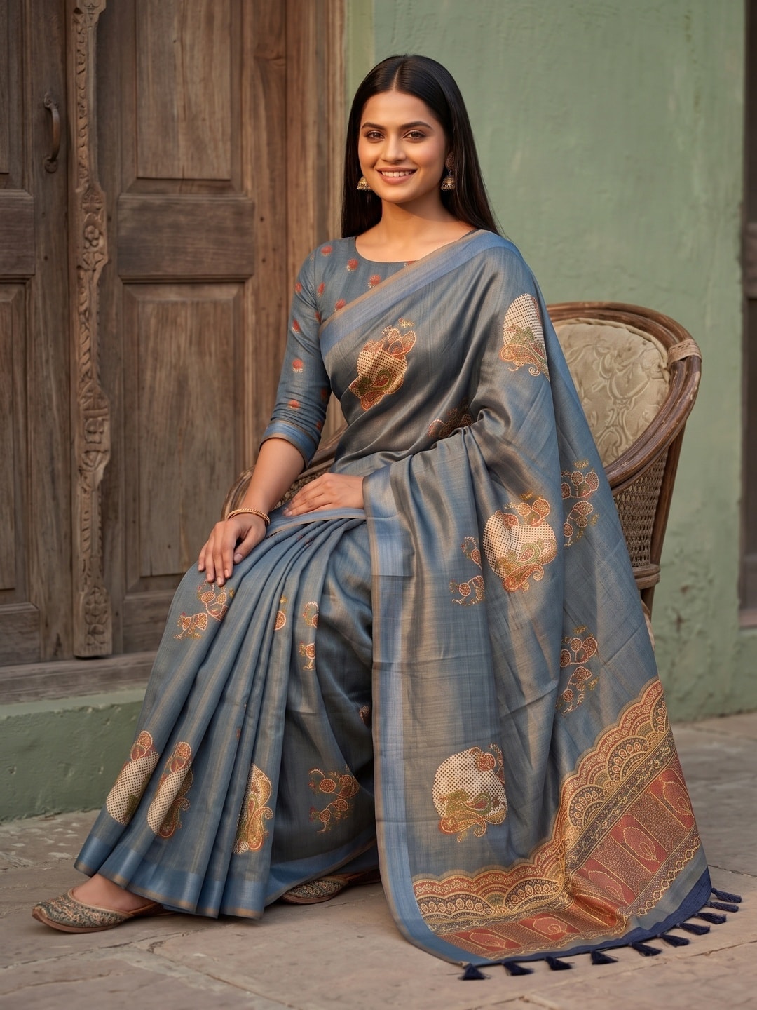 Peachmode Grey Erode Silk Digital Print Saree With Aari Work And Tassels - Image 5