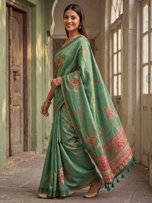 Peachmode Sea Green Erode Silk Digital Print Saree With Aari Work And Tassels - Image 2