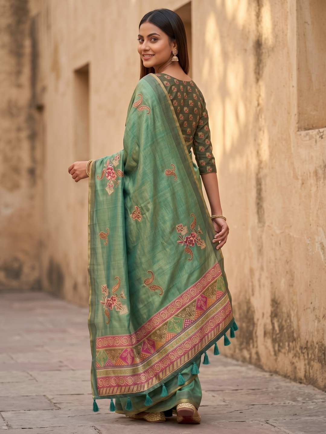 Peachmode Sea Green Erode Silk Digital Print Saree With Aari Work And Tassels - Image 4