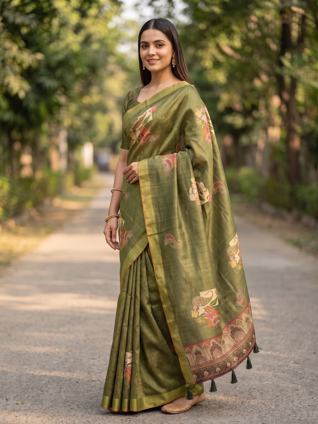 Peachmode Olive Erode Silk Digital Print Saree With Aari Work And Tassels - Image 2