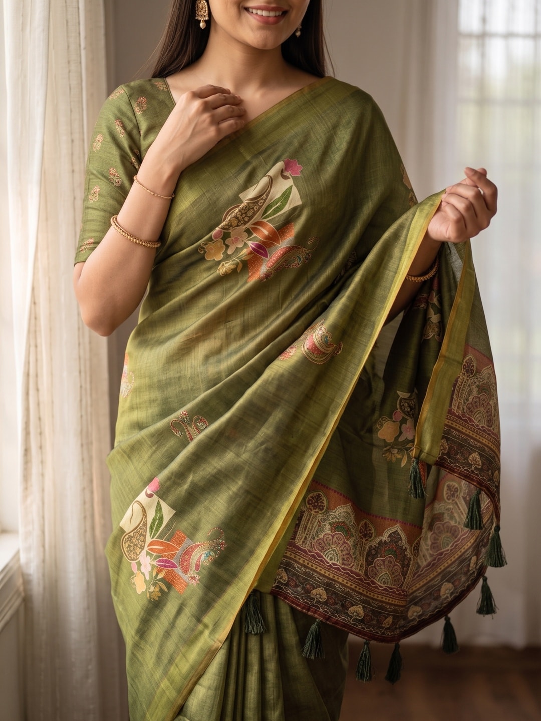 Peachmode Olive Erode Silk Digital Print Saree With Aari Work And Tassels - Image 3