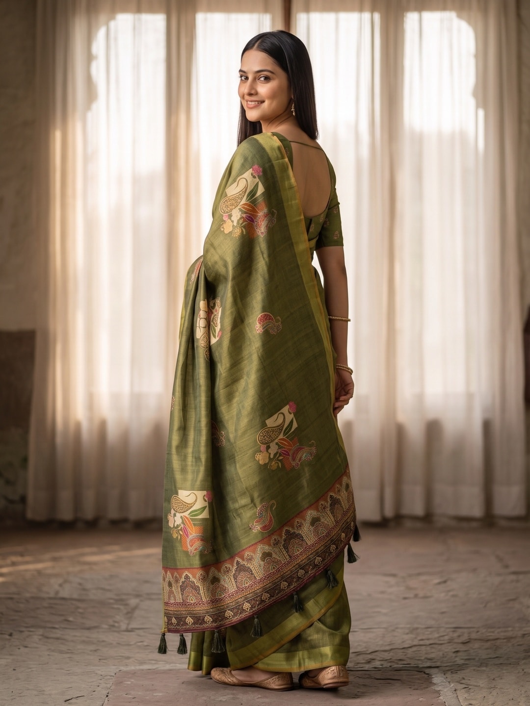 Peachmode Olive Erode Silk Digital Print Saree With Aari Work And Tassels - Image 4